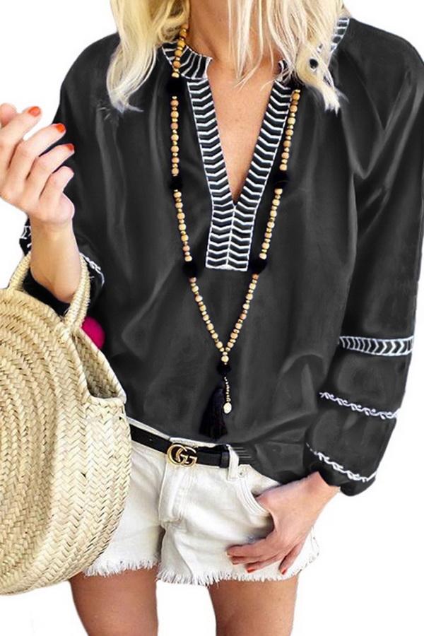 Loose Pullover Embroidered V-neck Shirt Blouses & Shirts 5201906151552 black L 