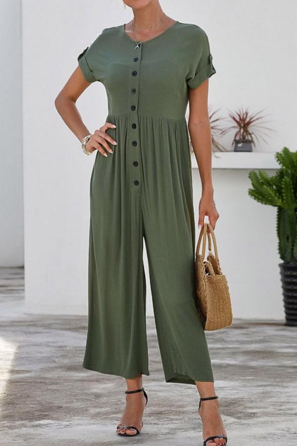 Loose Single-breasted Short-sleeved Jumpsuit - Pavacat