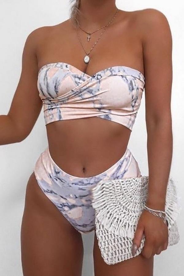 Marble Patterned High Waist Bikini - Pavacat