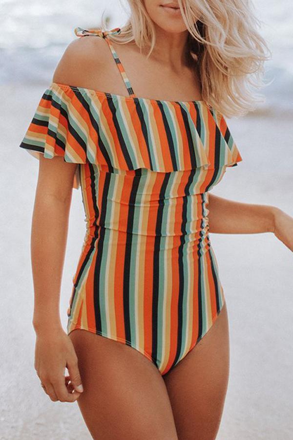 Off The Shoulder Striped One-piece Swimsuit One-Piece 5201805091259 S yellow 