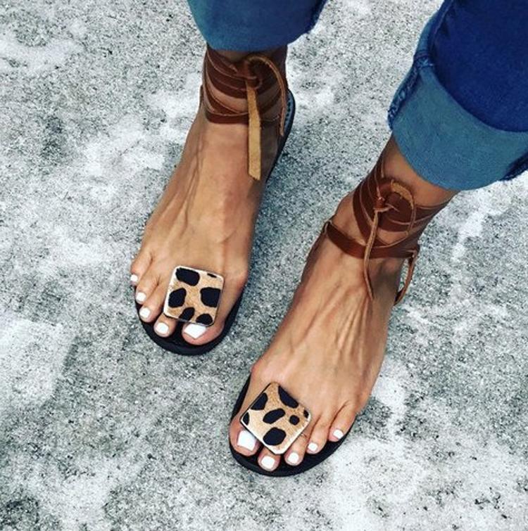 Open Toe Leopard Strap Sandals - Pavacat