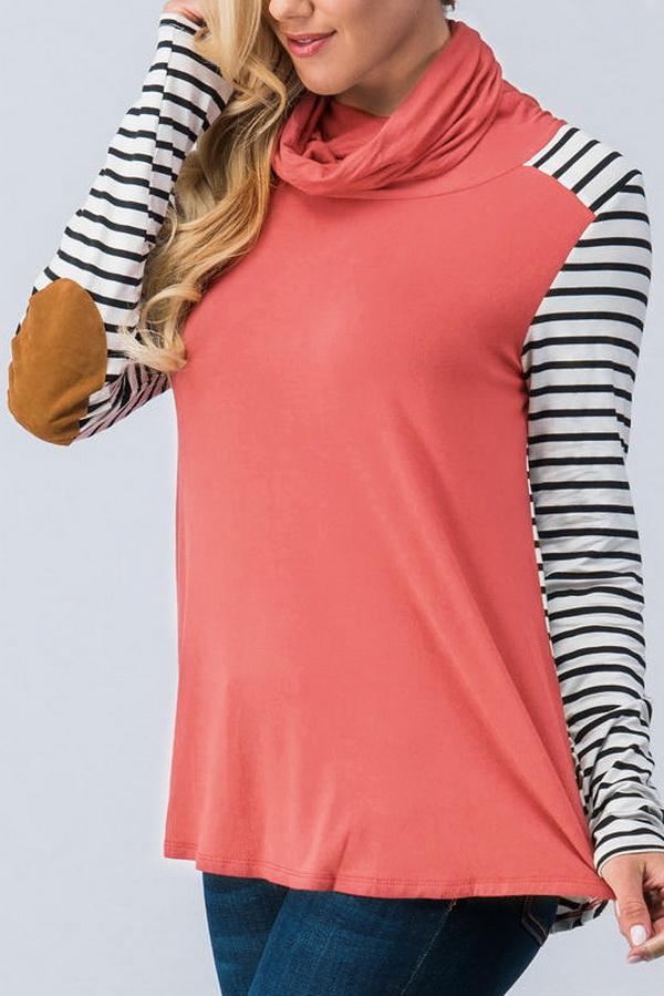 Patchwork Striped Fold Collar Long Sleeve Top - Pavacat