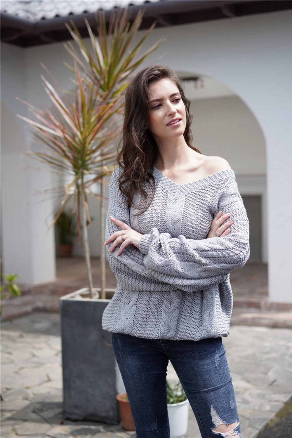 Plain Cable Knit Loose Sweater - Pavacat