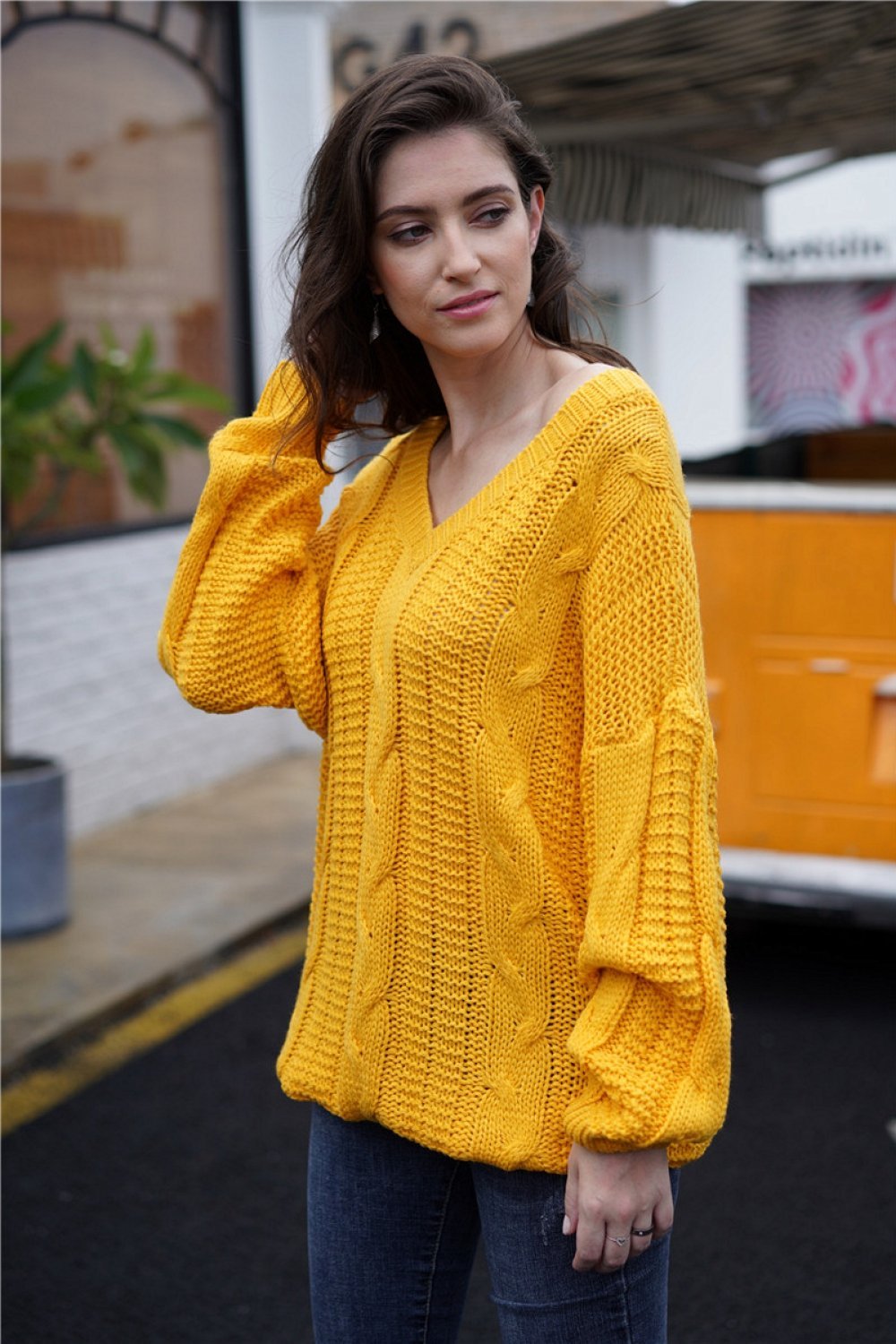 Plain Cable Knit Loose Sweater - Yellow - Pavacat