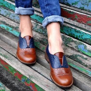 Plus Size Color Block Oxford Shoes Casual Pu Slip On Loafers - Pavacat