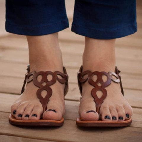 Plus Size Daily Sandals Hollow-out Flat Sandals With Buckle - Pavacat