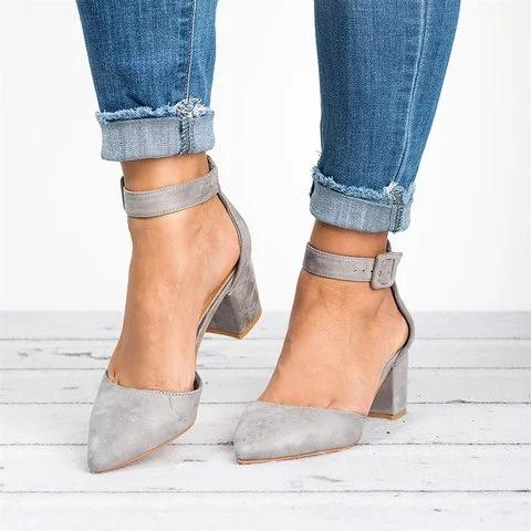 Pointed Toe Chunky Heel Pumps Adjustable Buckle Heel Sandals Sandals Pavacat US5.5(LABEL SIZE 35) Gray 