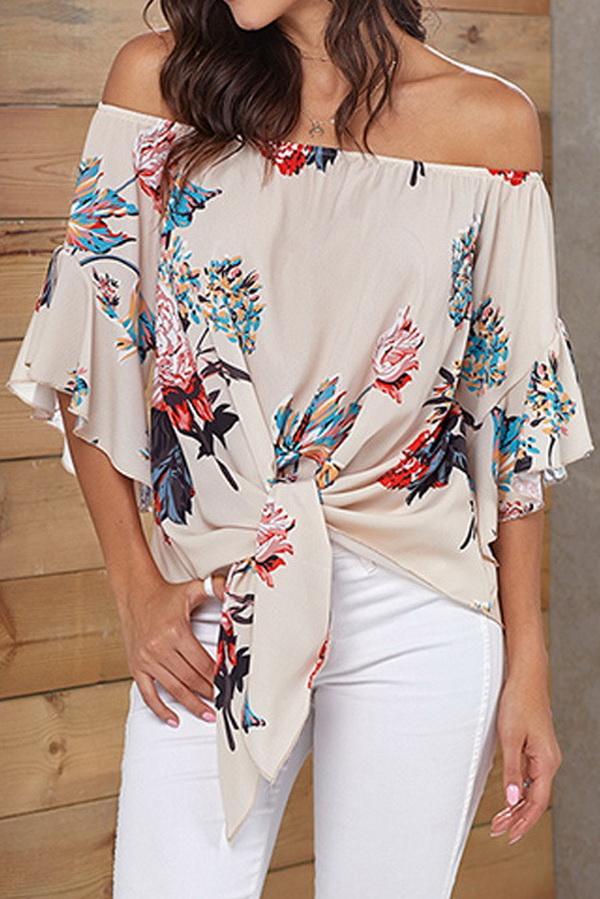 Printed Knotted Flare Sleeve Jacket Blouses & Shirts 5201906151552 blanchedalmond L 
