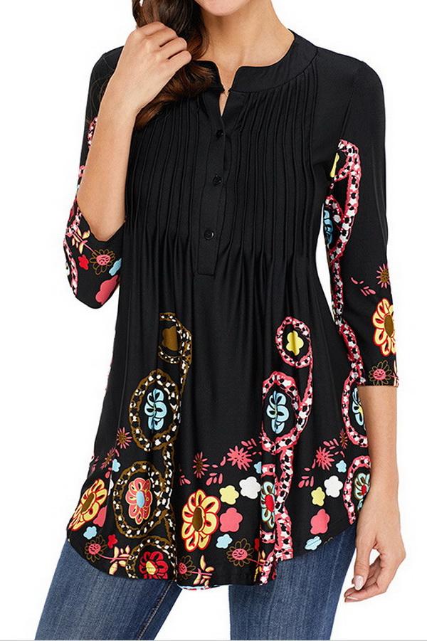 Printed Long Cropped Sleeves Pleated Top - Pavacat