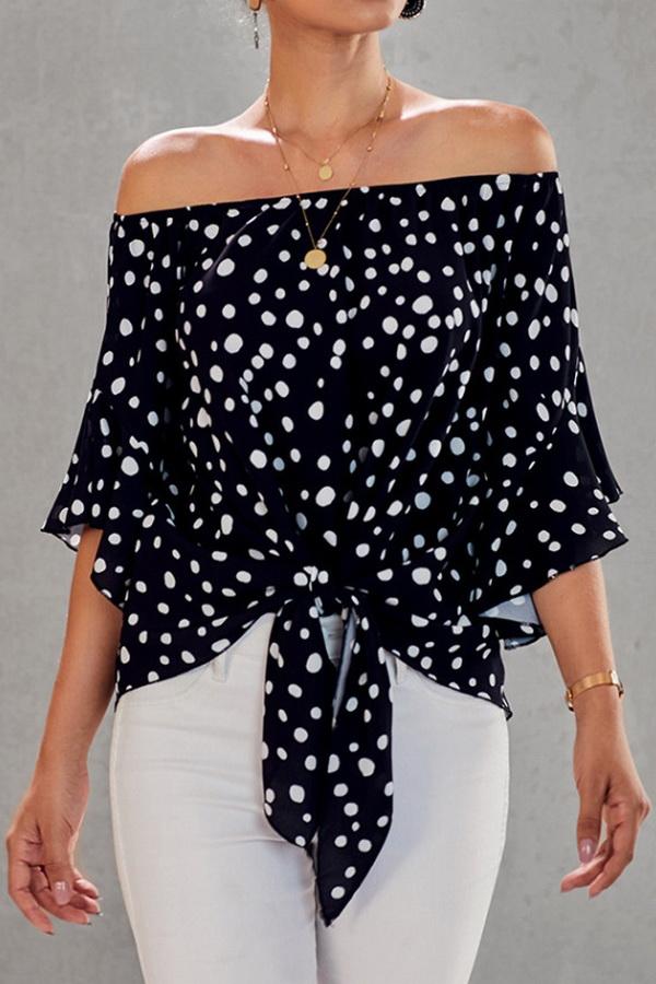 Printed Off-the-shoulder Cropped Sleeves Knotted Top - Pavacat