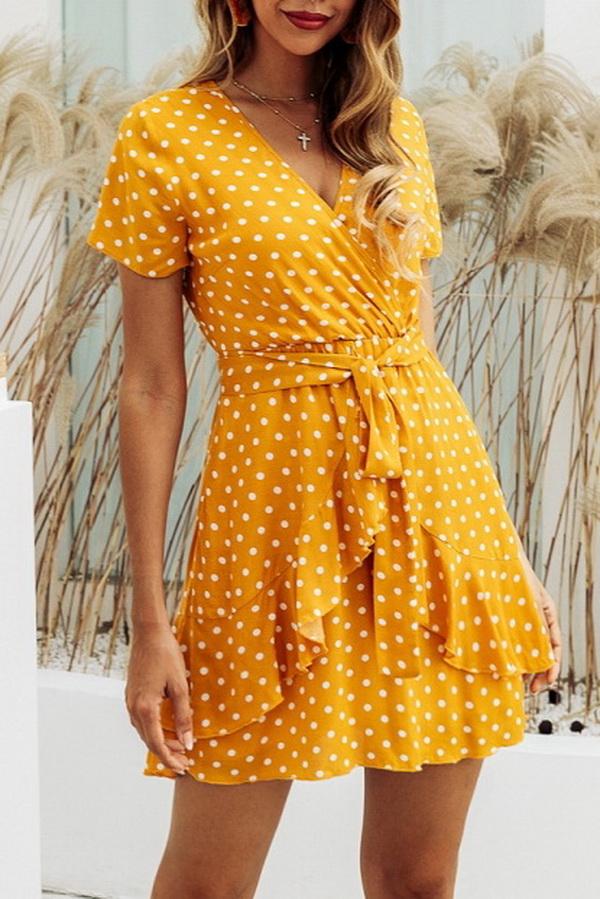 Printed Polka Dot V-neck Zipper Dress Dress 5201906191605 yellow L 