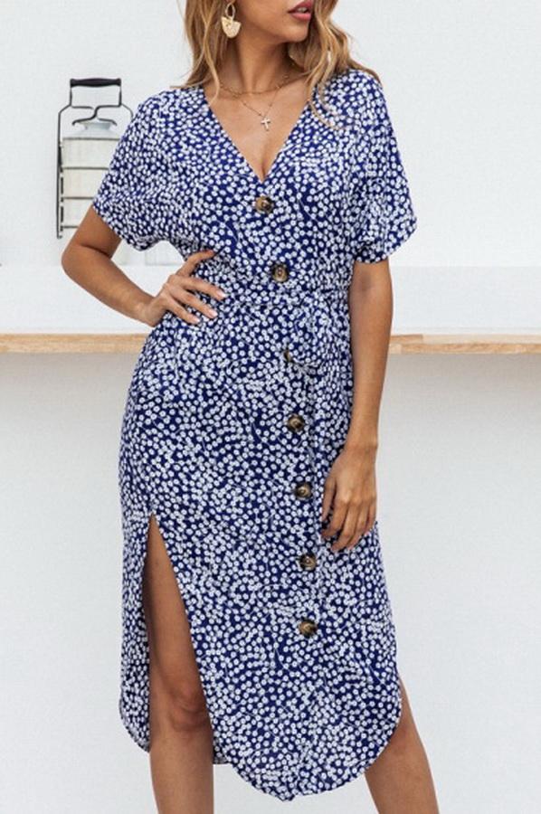 Printed Split V-neck Irregular Single Breasted Dress Dress 5201906191605 L blue 