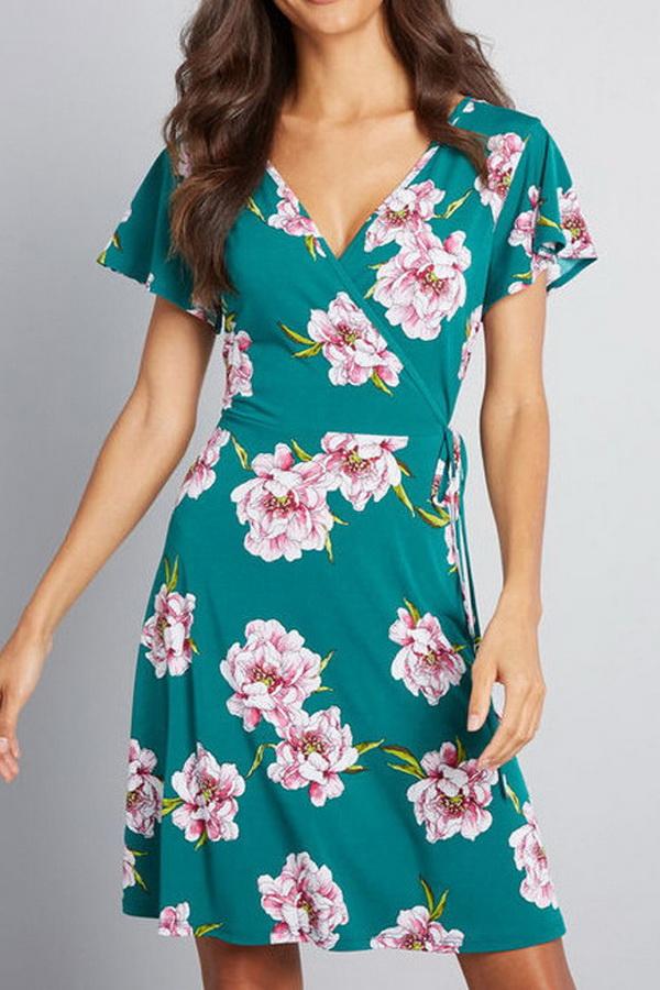 Printed V-collar A-line Dress Dress 5201906151552 green L 
