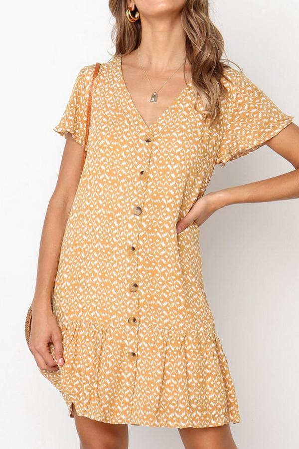 Printed V-collar Chiffon Pleated Dress Dress 5201906151552 L orange 