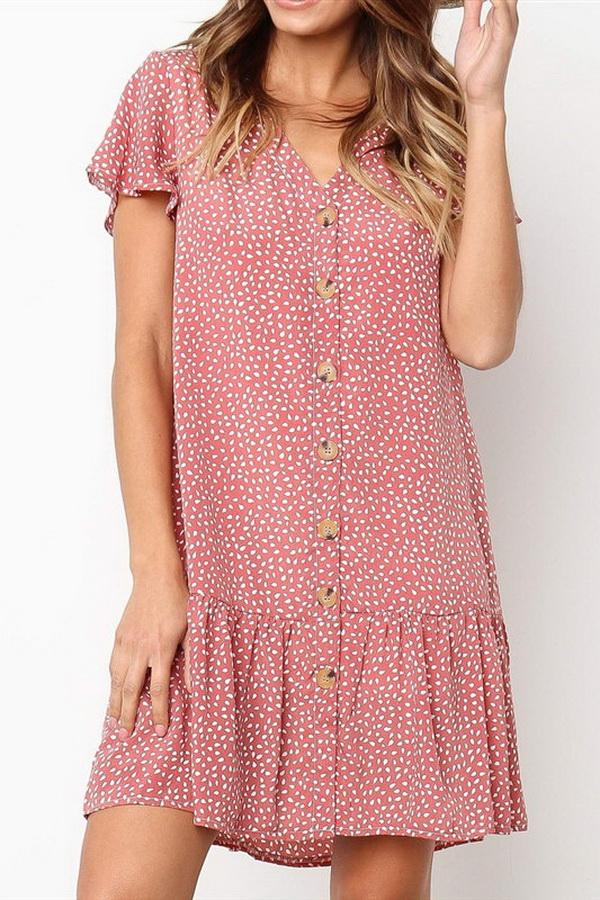 Printed V-collar Chiffon Pleated Dress Dress 5201906151552 pink L 