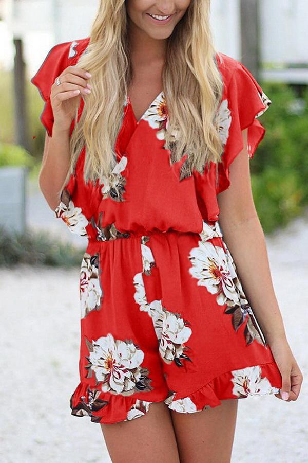 Printed V-collar Flounce Sleeve Jumpsuit Jumpsuits & Rompers 5201906191605 L red 