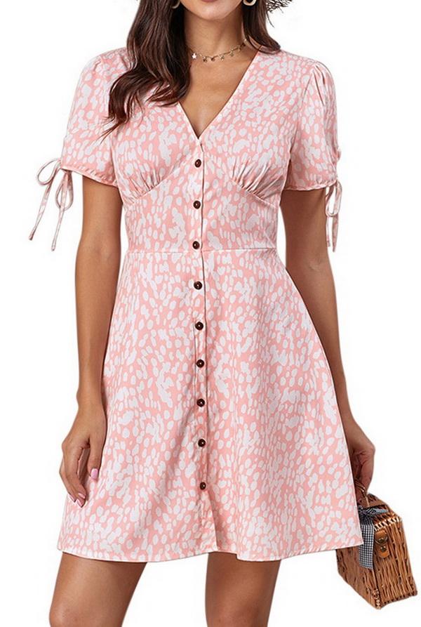 Printed V-neck Single-row Button Short Sleeve High Waist Loose Dress Dress 5201906151552 pink L 