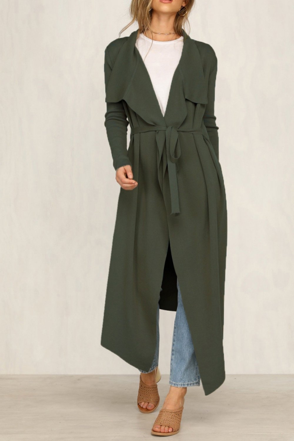 Pure Color Long-sleeve Belt Windbreaker - Pavacat