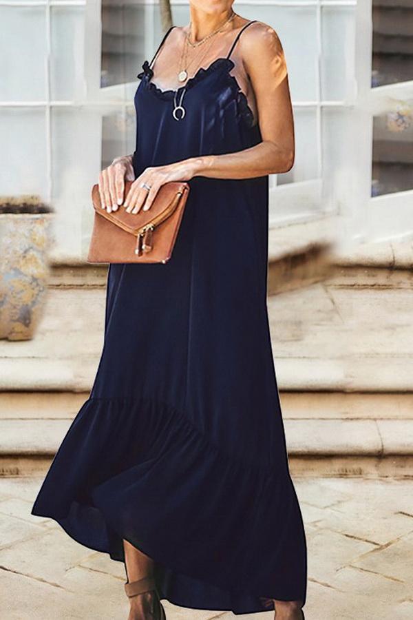 Pure Colour Flounce Sling Skirt Dress 5201906101022 navy L 