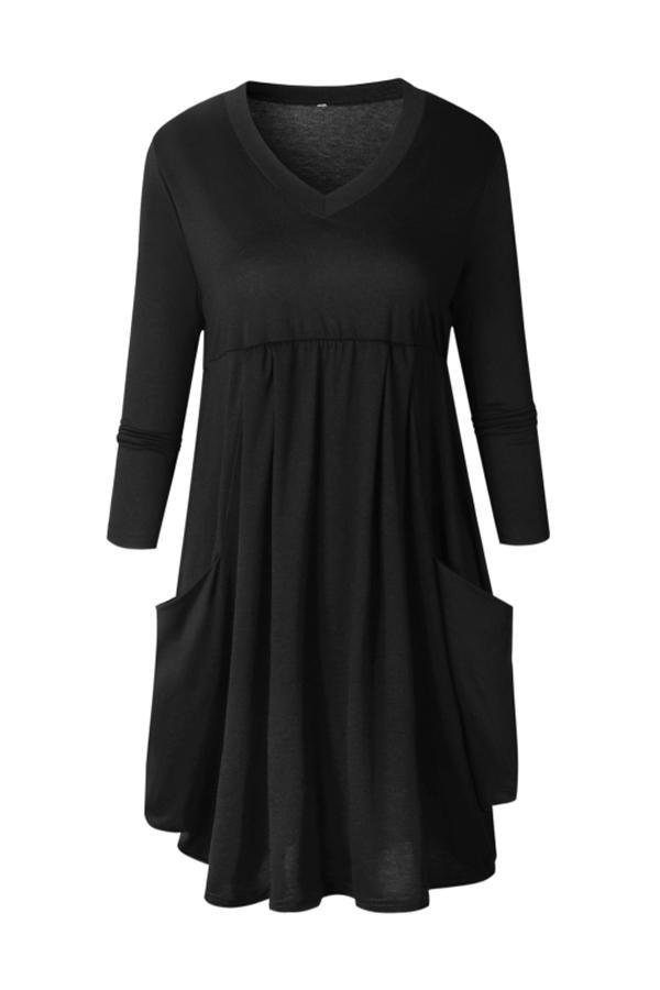 Pure Colour Long Sleeve Pocket Dress Dress 5201906191605 L black 