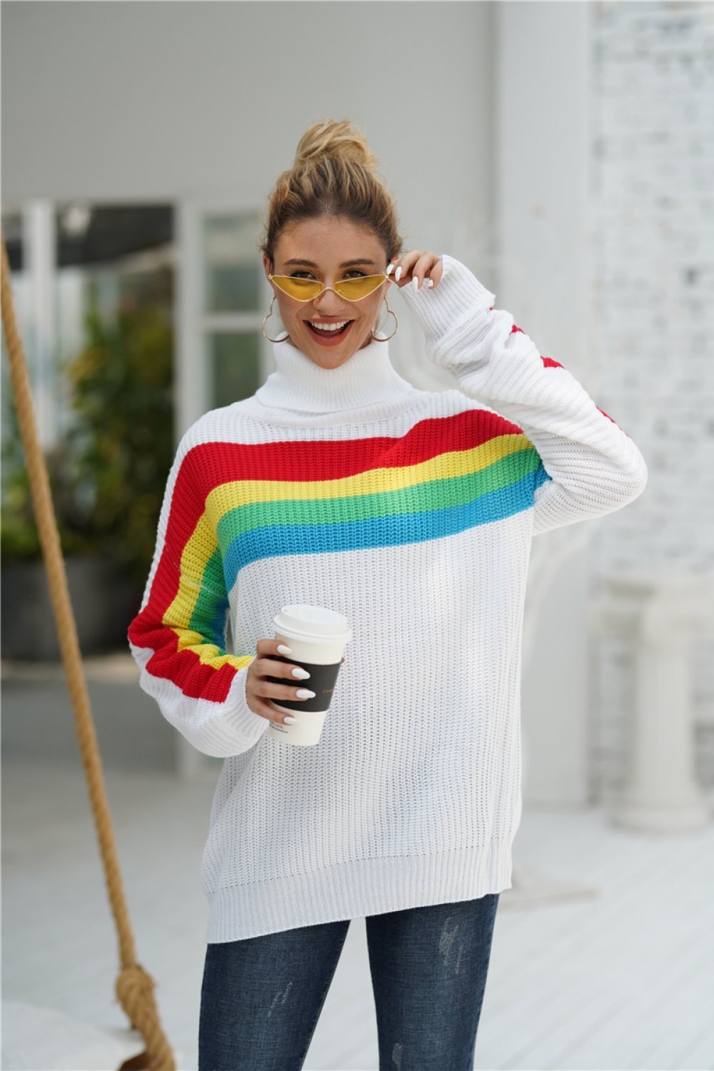 Rainbow Round Neck Loose Sweater - Pavacat