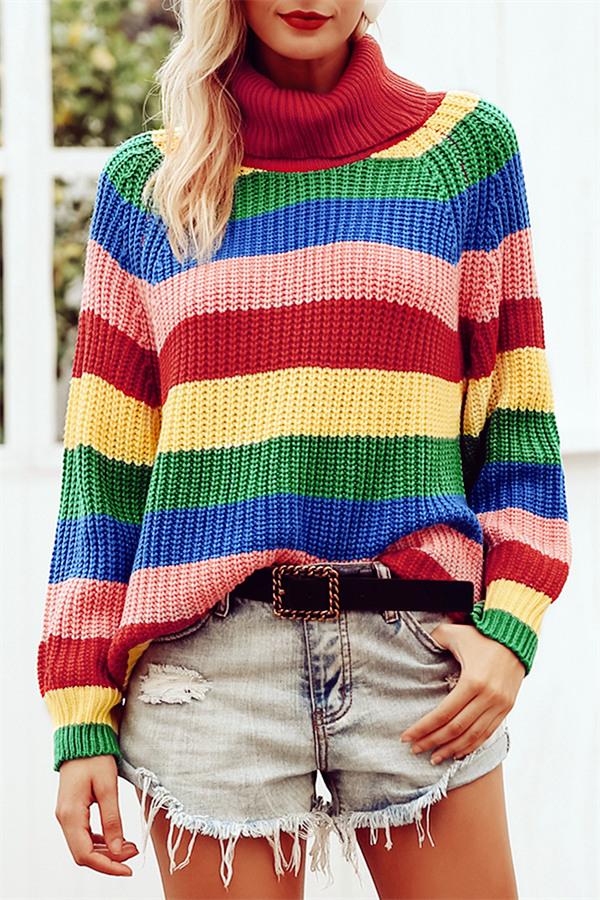 Rainbow Striped Turtleneck Oversized Pullover Pullover Aliexpress M 