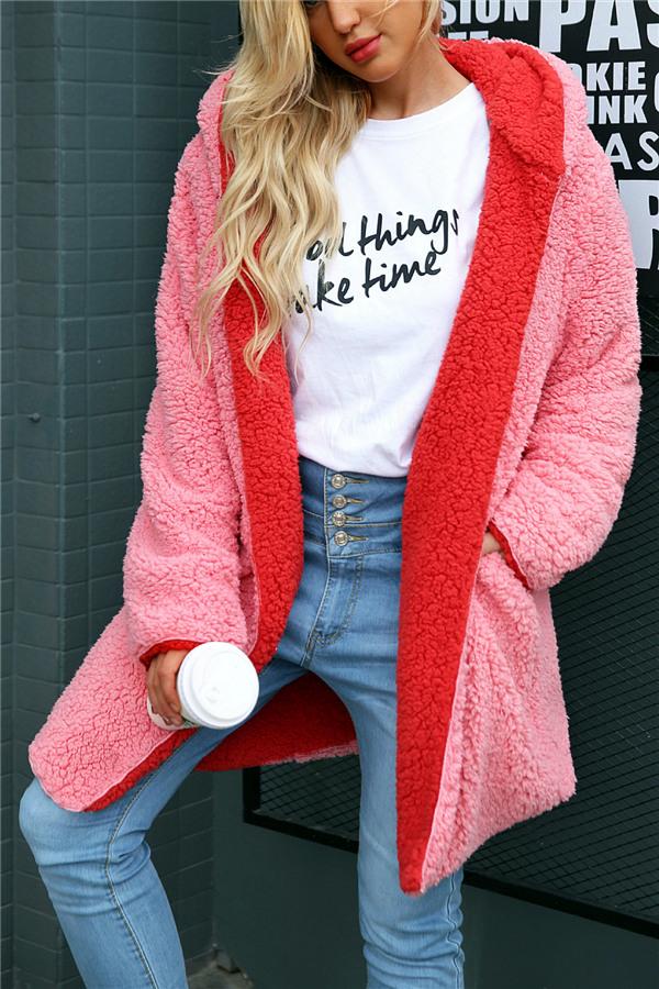 Reversible Faux Lambswool Thick Jacket - Pink/Red Coat Simplee S Pink 