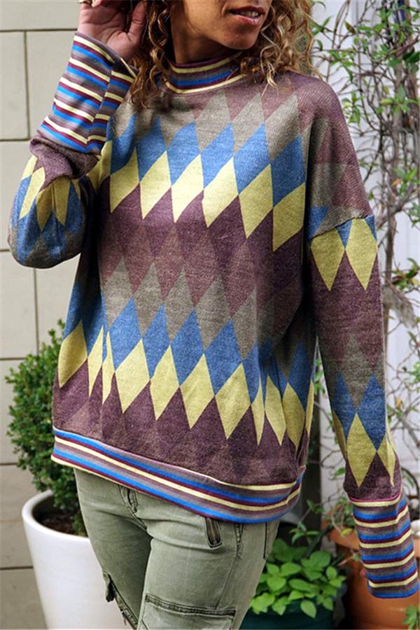 Rhombus Round Neck Tee Sweatshirts 5201812281308 L purple 