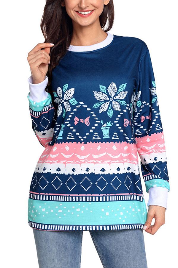 Round Neck Longline Christmas Sweatshirt Sweatshirts 5201811200107 L blue 