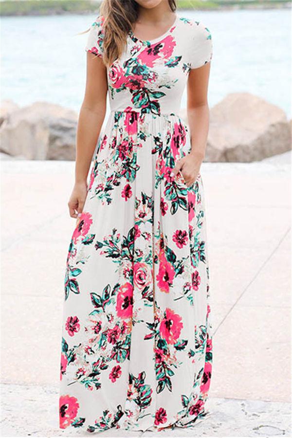 Round Neck Short Sleeve Floral Maxi Dress Dress 5201901221602 L white 