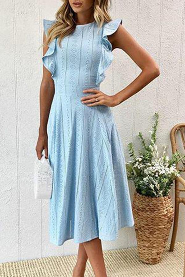 Round Neck Sleeveless Flounce Lace Dress Dress 5201805021530 L blue 