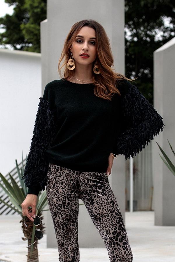 Round Neck Tassel Sleeve Sweater - Pavacat