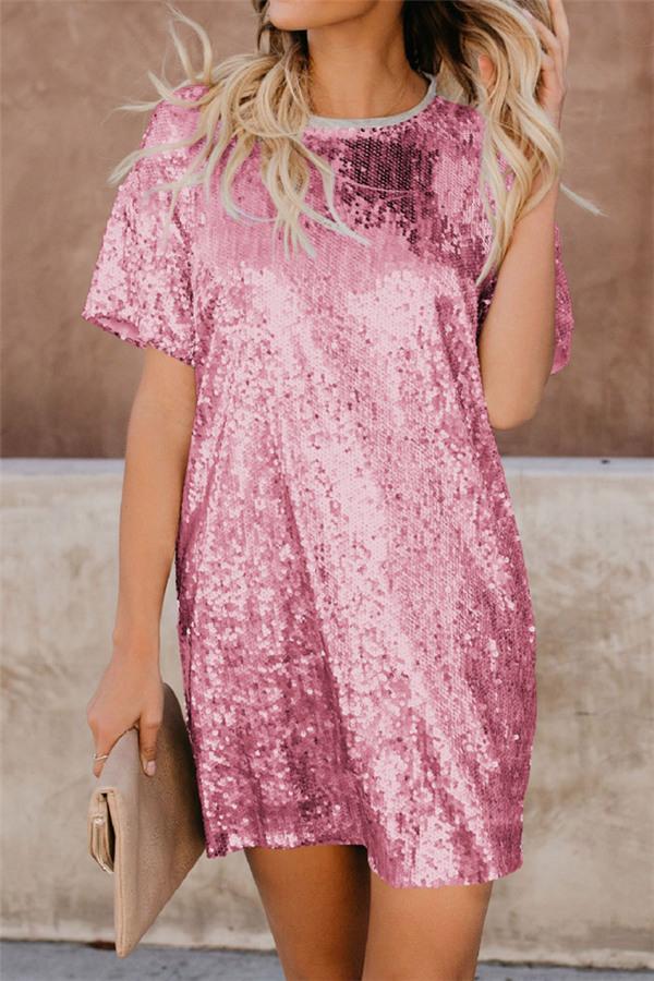 Sequin Short Sleeve Leisure Dress Blouses & Shirts 5201901051526 L pink 