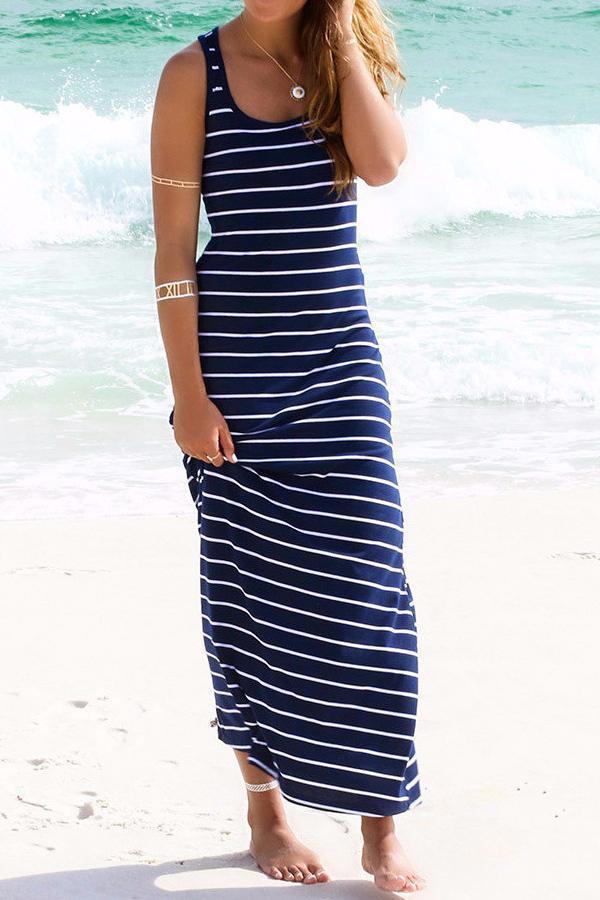 Simple Striped Maxi Vest Dress Dress chicnico S Navy 