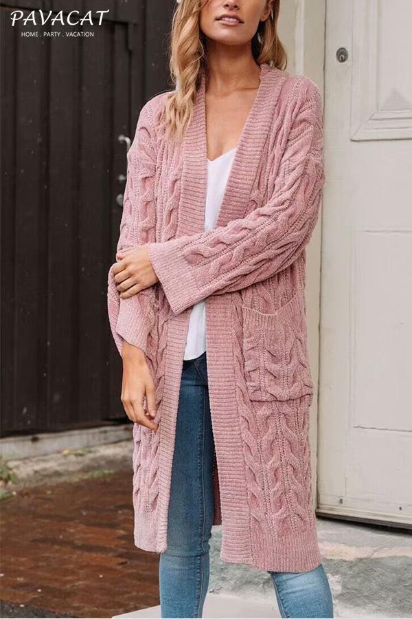 Solid Color Cable Knit Cardigan Cardigans 5201808161217 One size pink 