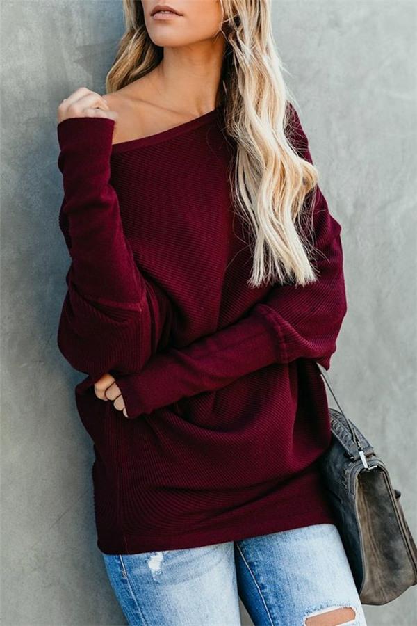 Solid Color Drop Shoulder Sweater - Dark Red Pullover 5201812281531 S darkred 