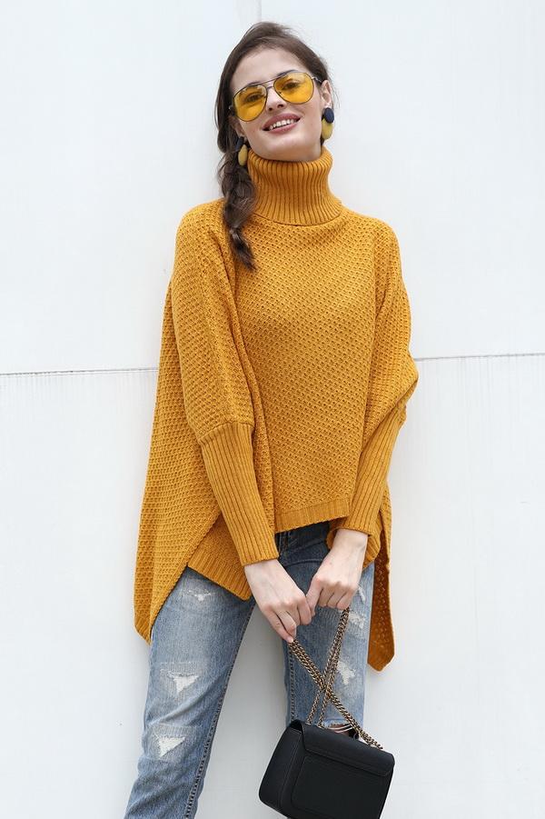 Solid Color High Collar Irregular Sweater - Pavacat