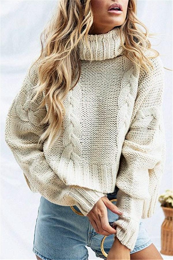 Solid Color High Neck Loose Sweater Pullover 5201808222328 One size beige 