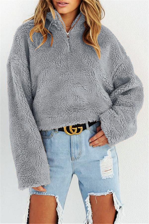 Solid Color High Neck Pullover Pullover 5201809191545 L gray 