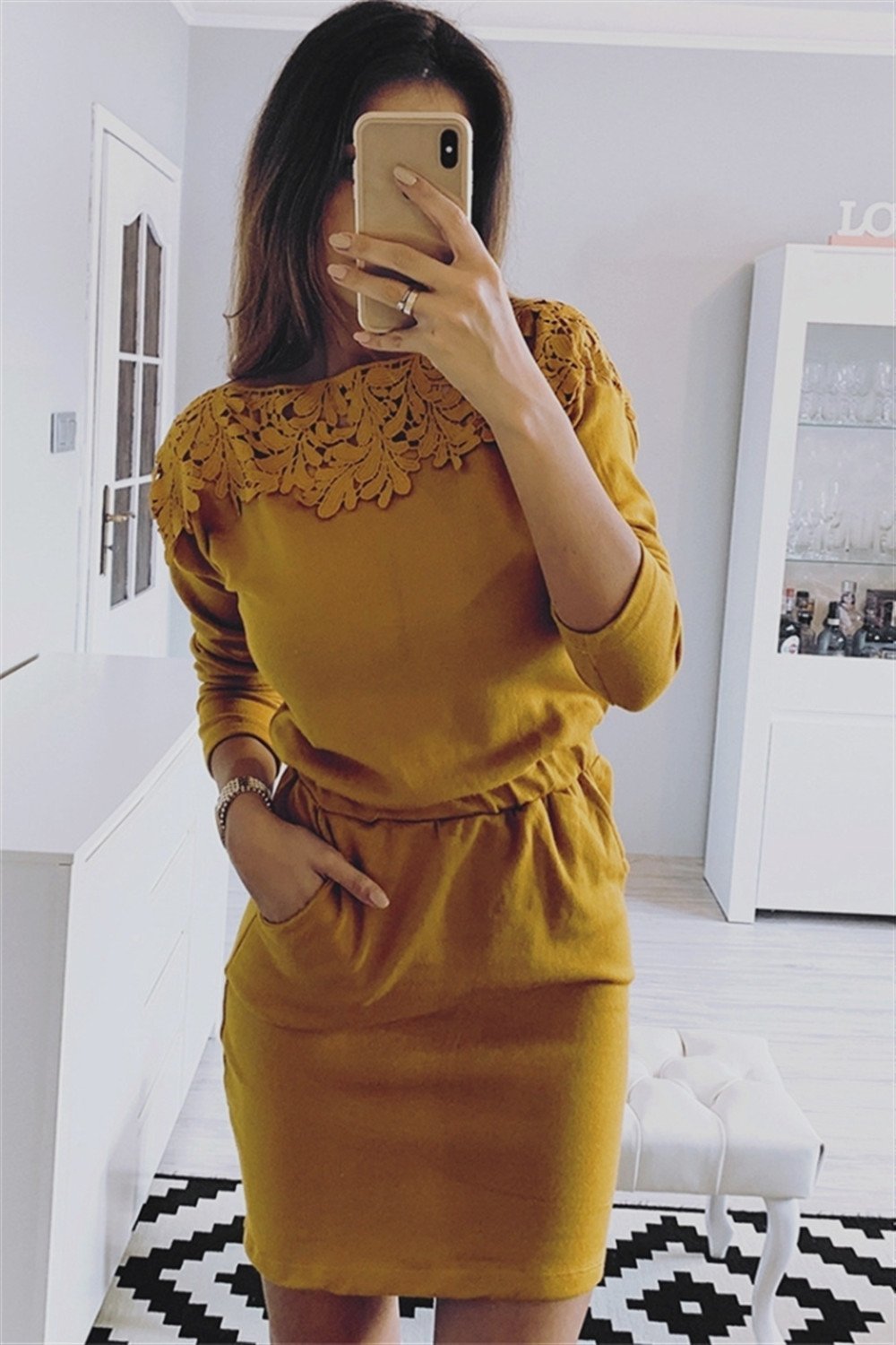 Solid Color Lace Short Dress - Pavacat