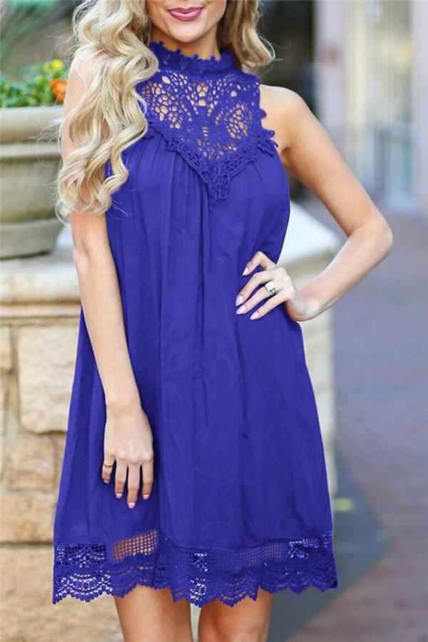 Solid Color Lace Sleeveless Dress Dress 5201812281308 L blue 