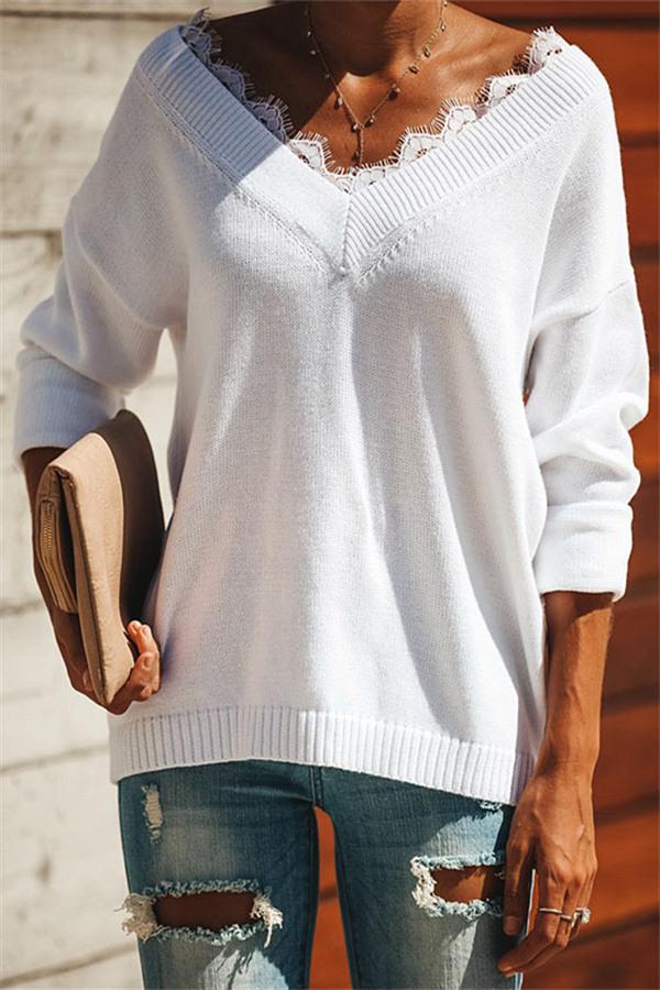 Solid Color Lace V Neck Simple Sweater Pullover 5201812151605 L white 