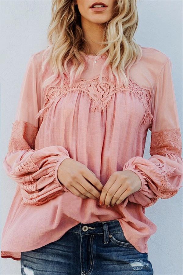 Solid Color Lantern Sleeve Tee - Pink Blouses & Shirts 5201812281308 S pink 