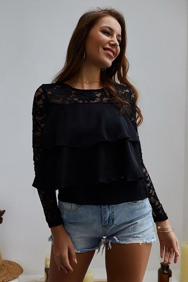 Solid Color Nine Point Sleeve Lace T-shirt - Pavacat