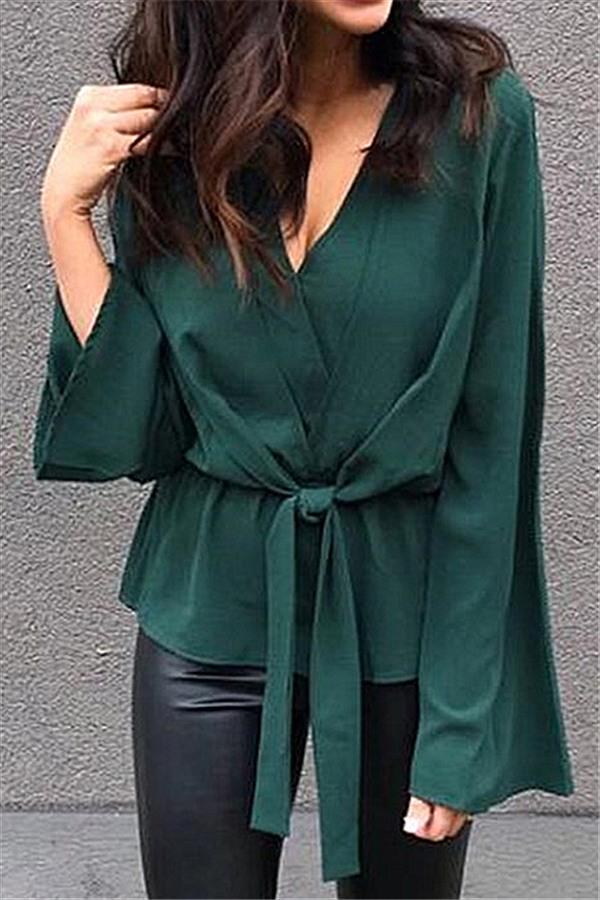 Solid Color V Neck Knot Blouse Blouses & Shirts 5201812281531 L green 