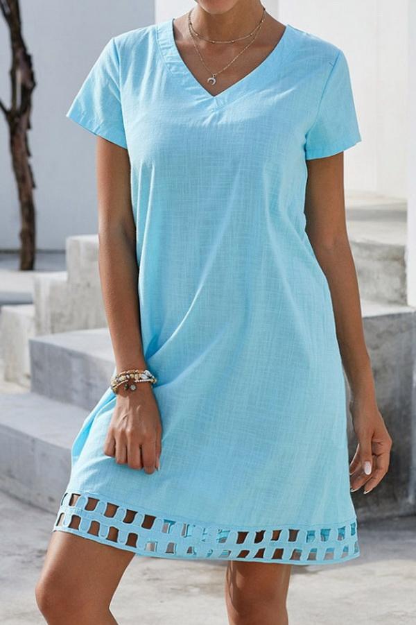 Solid Color V-neck Short-sleeved Slim Dress - Pavacat