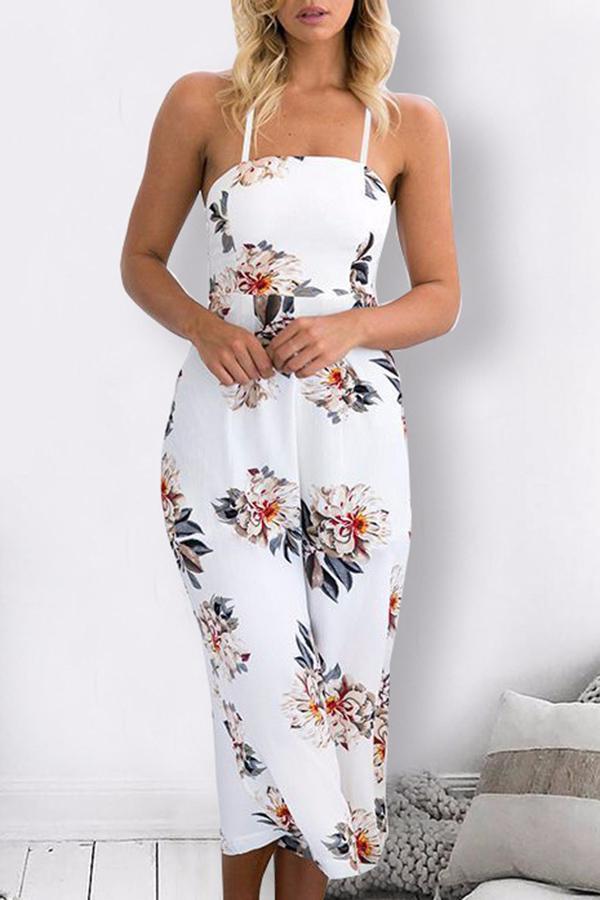 Spaghetti Strap Sleeveless Loose Floral Jumpsuit Jumpsuits & Rompers 5201804251627 white S 