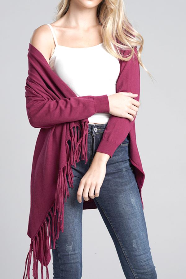 Spring and Autumn Tassel Asymmetrical Hem Shawl - Dark Red Cardigans chicnico S Darkred 