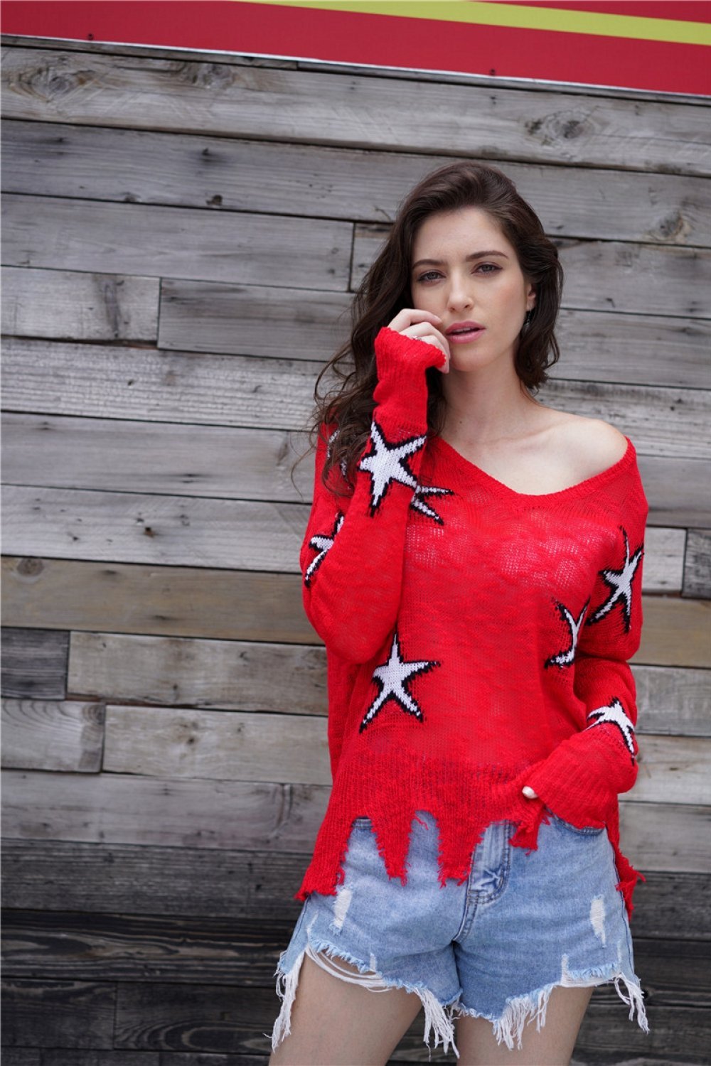 Star Print Frayed Hem Sweater - Pavacat