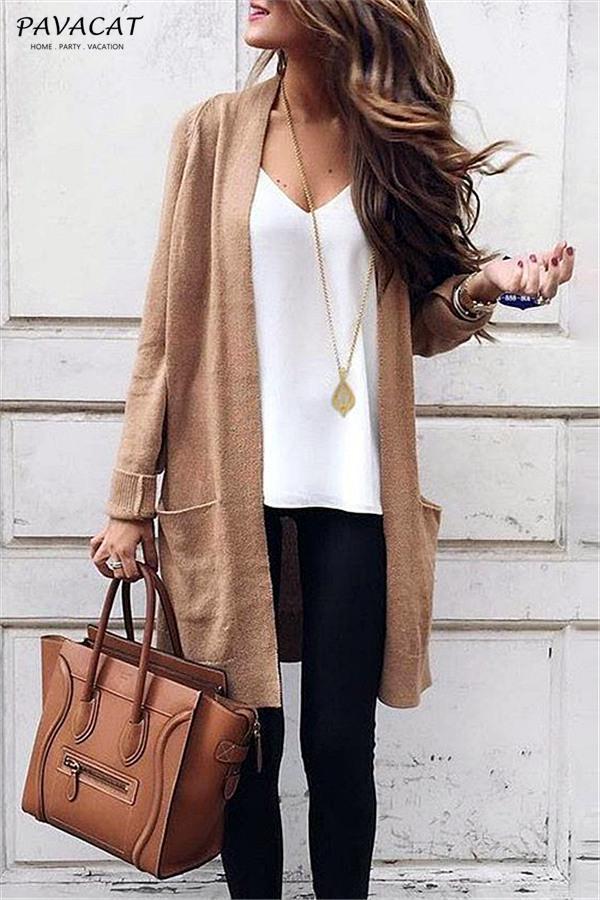 Street Casual Knit Solid Color Open Collar Cardigan Cardigans chicnico Brown 